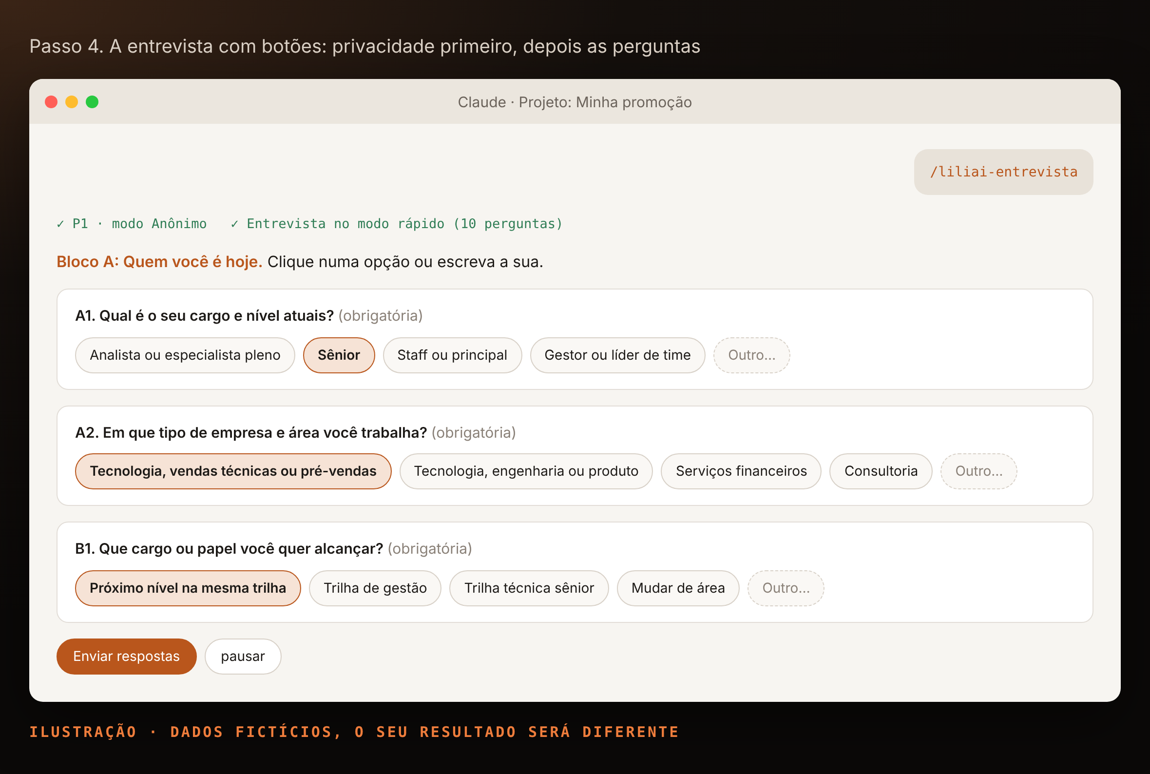 Entrevista com perguntas e botões de resposta