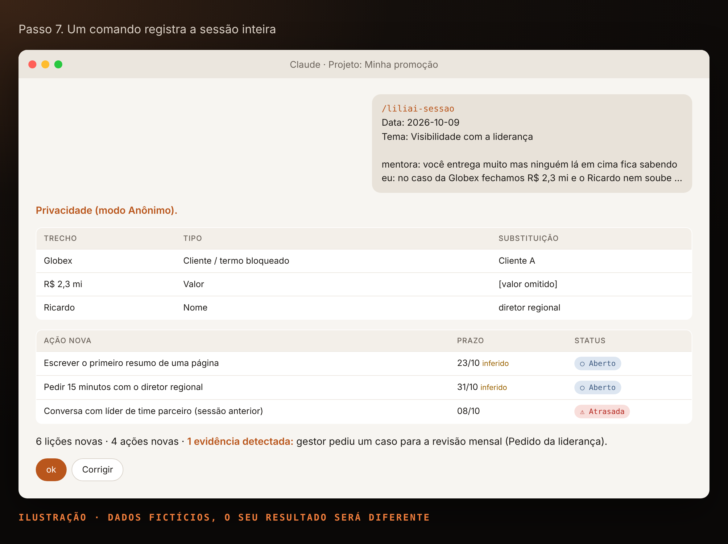 Registrando uma sessão com o comando /liliai-sessao
